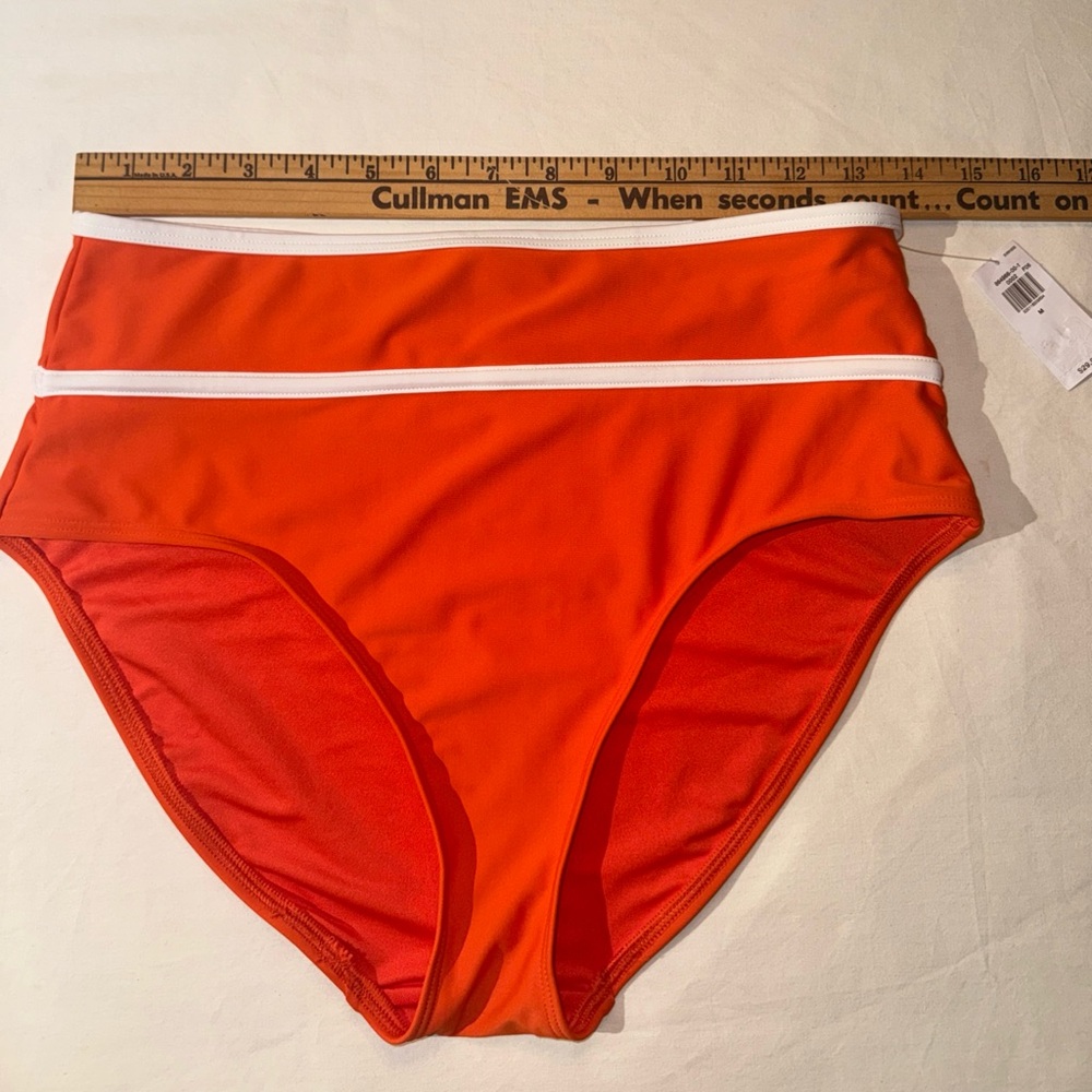 NWT Orange White Trim  High-Waisted Women's  Medium Bikini Swim Bottom Swimwear